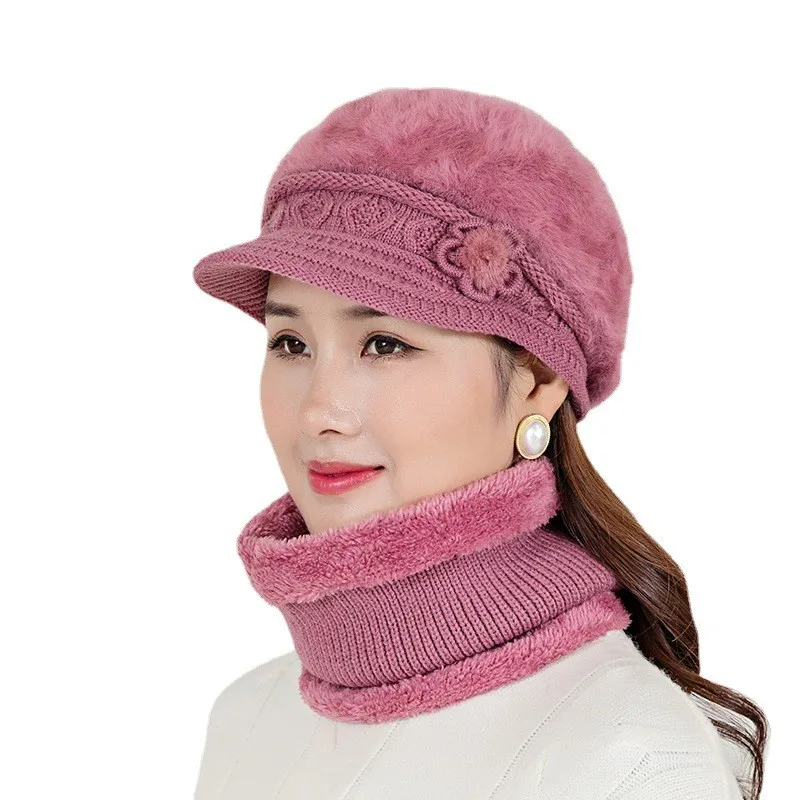 

New Women Winter Hat Outdoor Warm Beanies Cap Add Fur Lined Hat Scarf 2 Pc Set For Women Flowers Rabbit Fur Knitted Hat Gift