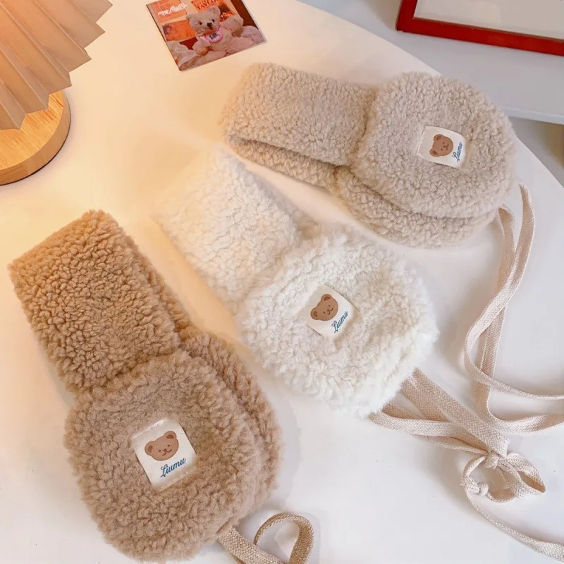 

2022 New Fashion Korea Women Winter Warm Plush Earmuff Ear Warmer Cute Bear Adults Kids Tie Plush Earmuffs Orejeras De Invierno