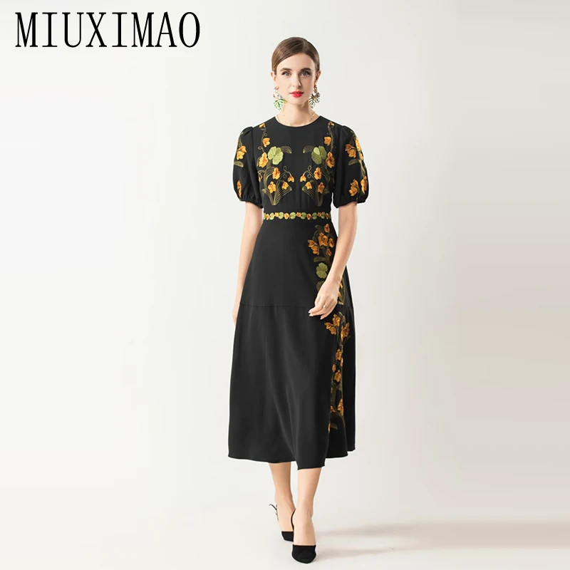 Фото MIUXIMAO 2026 Весна-Лето: Элегантное женское платье с вышивкой и цветочным узором, короткий рукав, длина до середины икры, высококачественное платье-миди, женские платья (Vestidos) №1