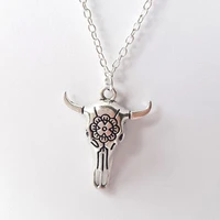 fashion viking helmet charm necklace animal cow bull small flower pendant jewelry men gift