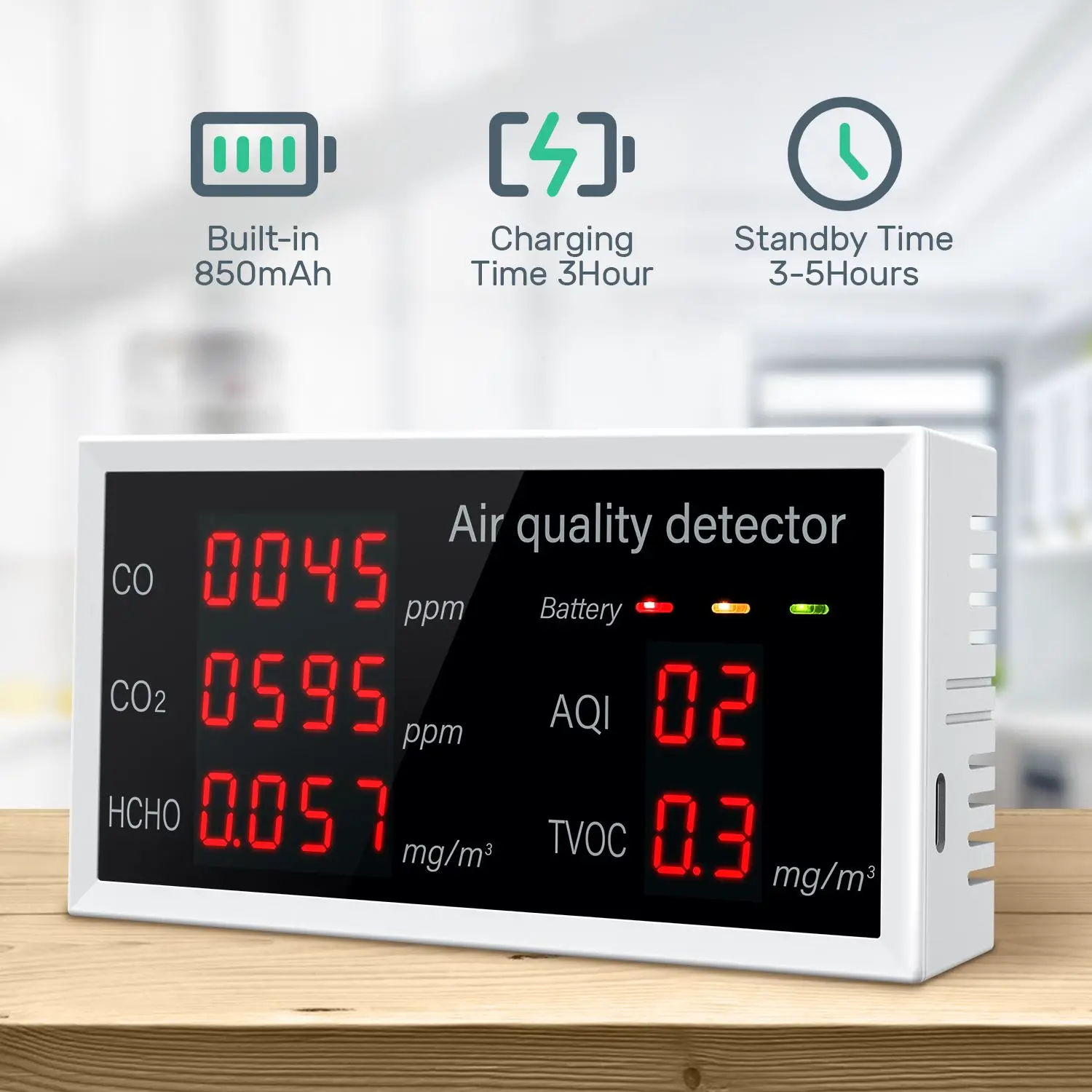 

5-In-1 Air Quality Monitor Home Air Quality Detector Pollution Tester CO/CO2/HCHO/AQI/TVOC Real-time Monitoring With LED Screen
