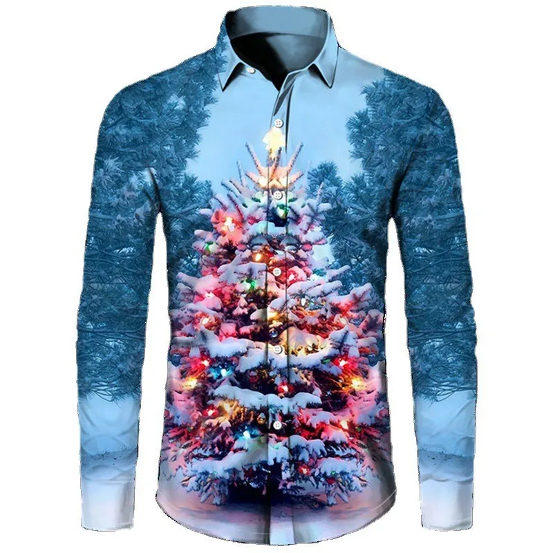 2022 Men's Shirt Christmas 3D Print Casual Cardigan Long Sleeve Shirt Men Clothing Fashion Blouses New Year Couple Streetwear