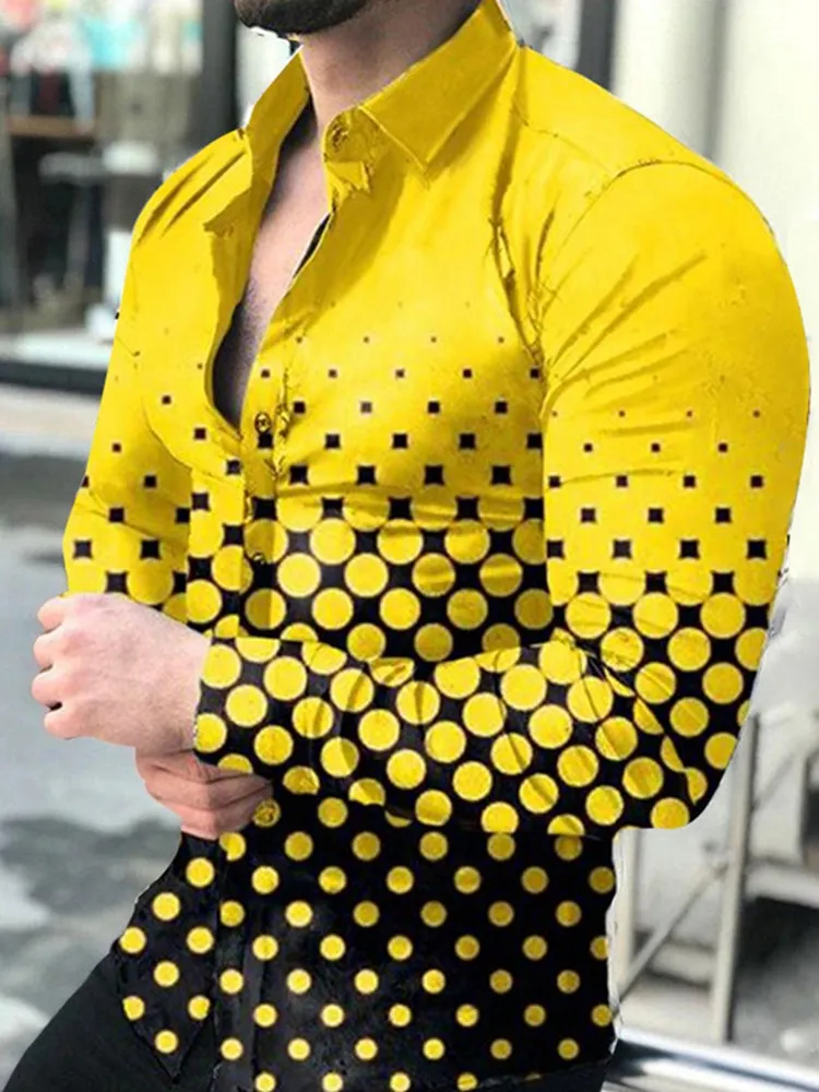 Fashion Men's Yellow Dot Printing Shirts 2023 Autumn New Slim Fit Long Sleeve Blouse Casual Man Clothing