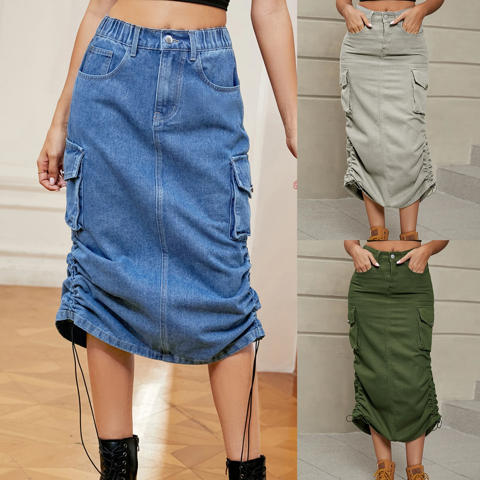 

Zipper Closure Denim Midi Skirt Casual Women Pocket Maxi Skirt Solid Color Long Skirt Y2K Style H Shaped Streetwear Suit