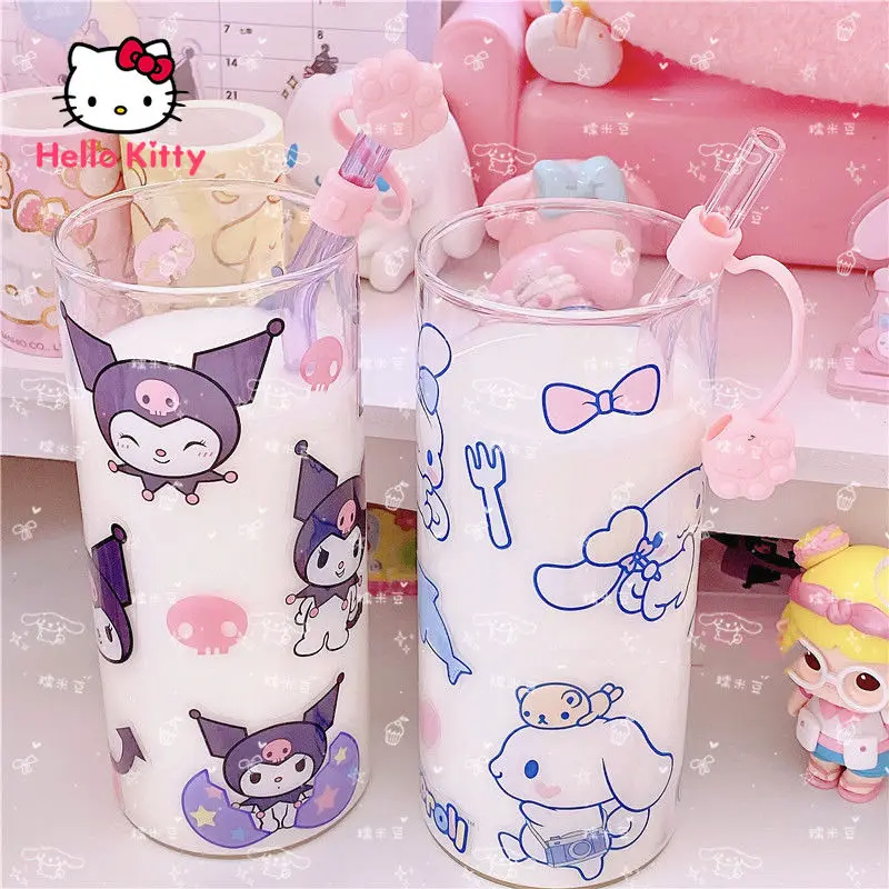 

Hello Kitty Kuromi Glass Water Cup Clear Milk Juice Mug Cartoon Kawaii with Straw Cute Niche Design Cup for Girl Home Dormitory