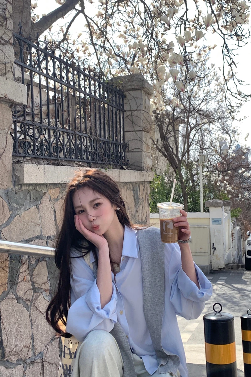 Peaceonesoul домашние ледяные синие рубашки с длинными рукавами женские корейские