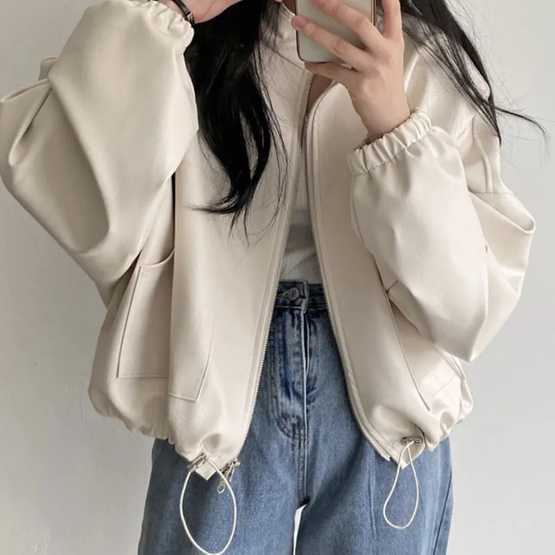 Korean Chic Autumn Skinny Fashion St Collar Zipper Large Pocket Design Drawcord Tie Motorcycle Leather Coat Women Y2k White Top