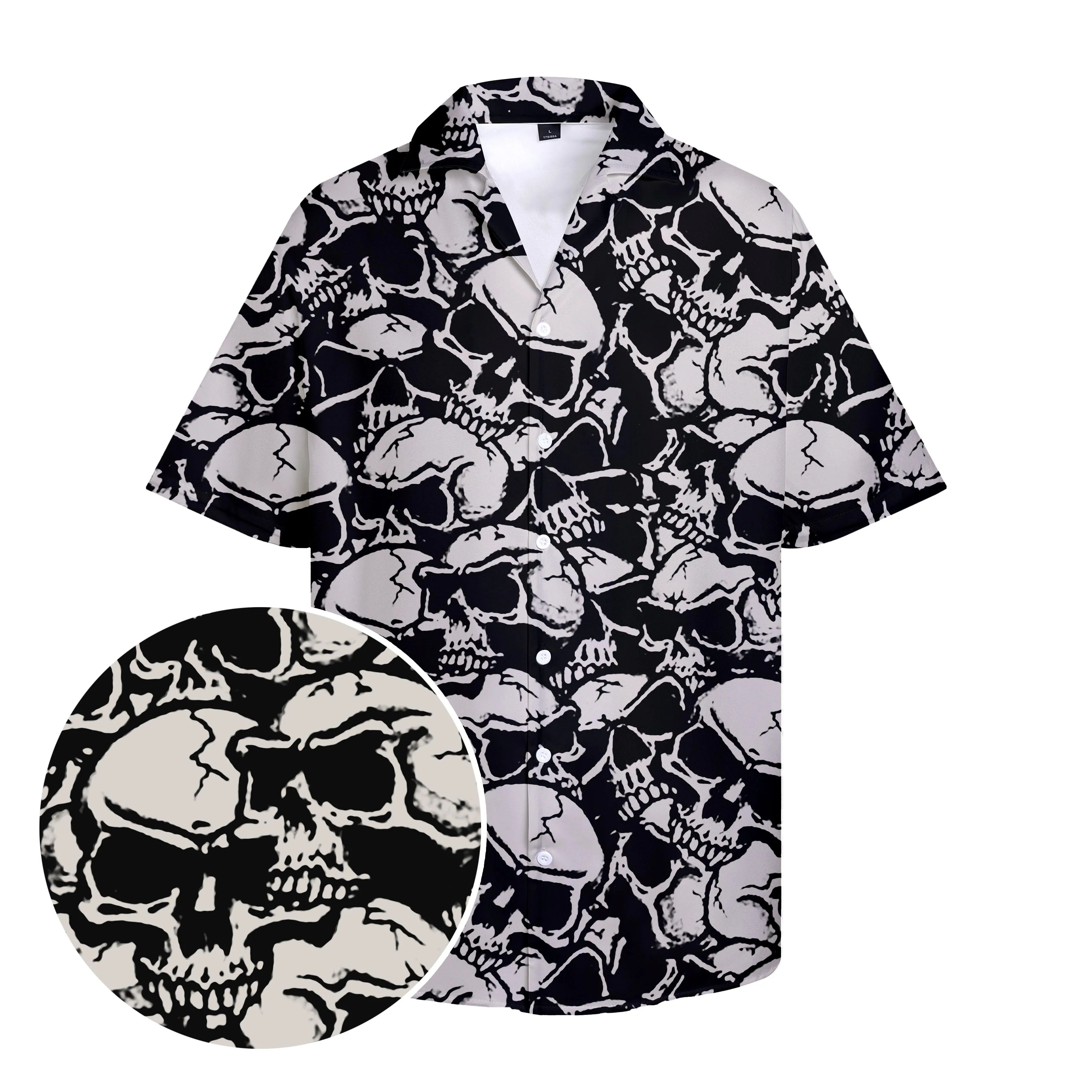 New Hawaiian Men's Shirt Halloween Patchwork Skull Printed Casual y2k Clothing Button Up Shirts Summer Plus Size Cuban Collar