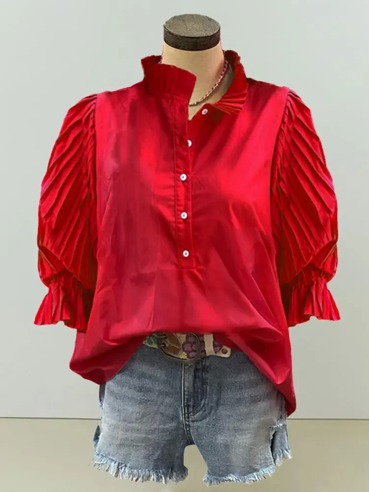 

Women Chiffon Blouses Summer Notch V NeckCotton Pleated Sleeves Casual Tops Shirts for Work Irregular Hem Casual Loose Tunic