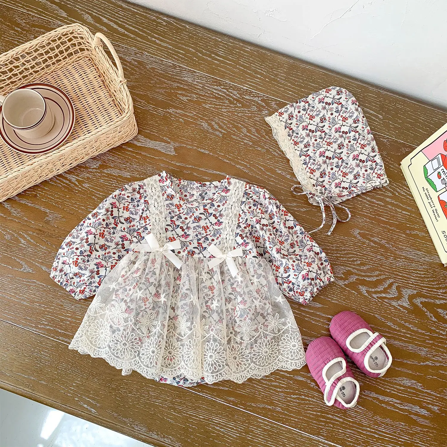 2022 Autumn New Baby Girl Long Sleeve Floral Bodysuit + Hat Fashion Flower Print Cotton Princess Clothes Casual Girl Jumpsuit