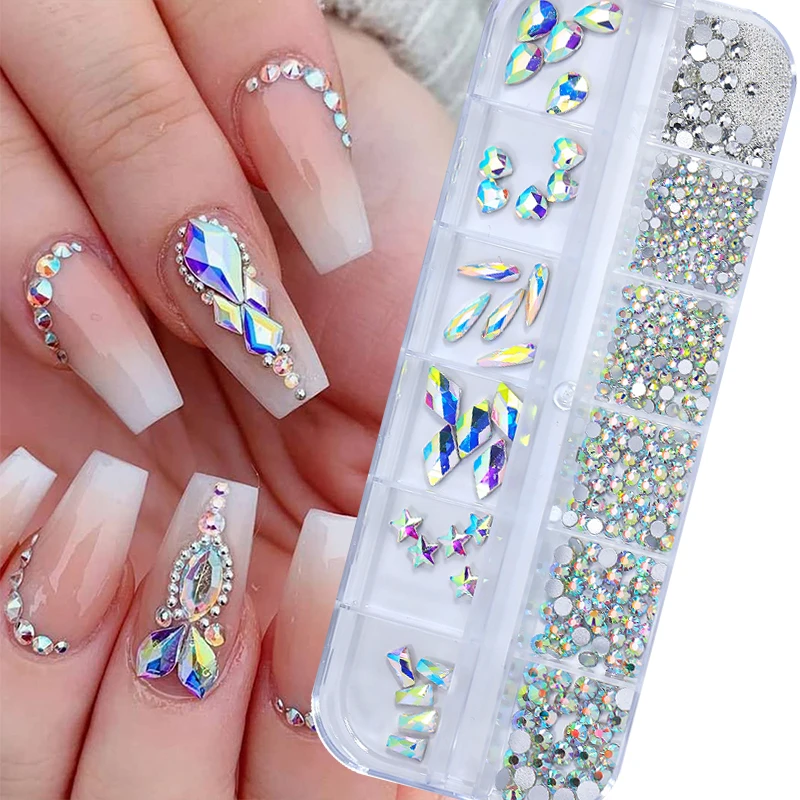 12 ячеек разные формы ногтей Ранняя Аврора плоская задняя часть кристалл AB