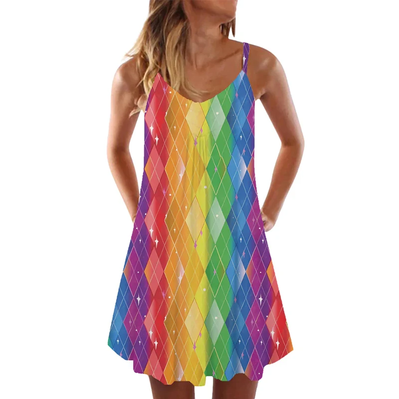 

Summer Hawaiian Style Rainbow Colorful Printing Youthful Women Loose Comfortable Dress Sleeveless O-Neck Casual Trendy Seaside