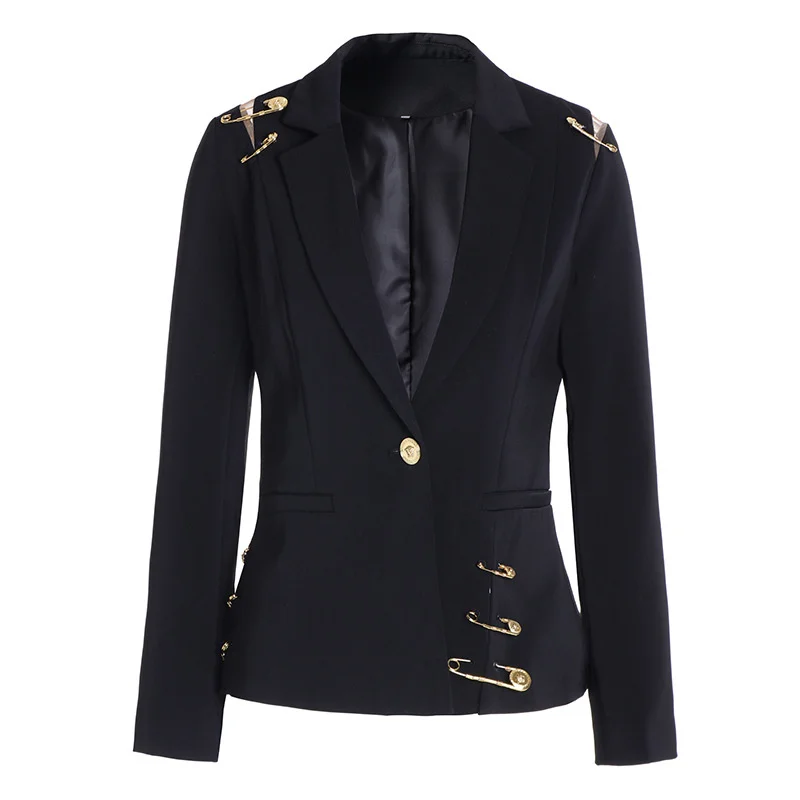Spring New Blazer Shoulder Mesh Gauze Stitching Pin Decoration Long Sleeved Single Button Slim Black Suit Jacket Women