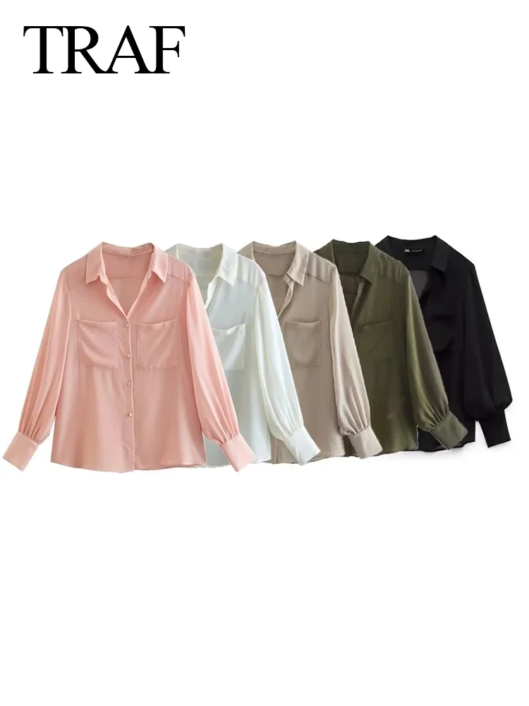 

Рубашка женская однотонная с длинным рукавом, V-образным вырезом и карманами