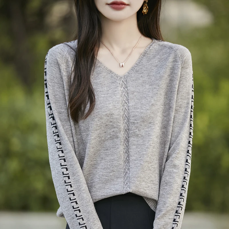 Женский трикотажный кашемировый пуловер с длинным рукавом и V-образным вырезом