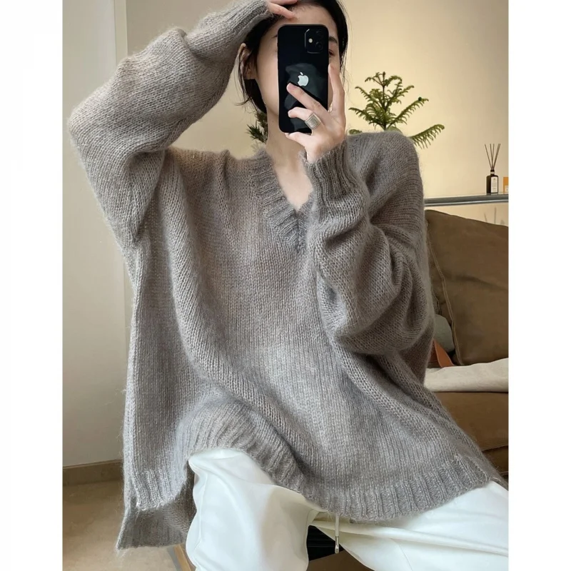 Осенняя женская одежда Idle Sle с v-образным вырезом мягкий клейкий мохеровый свитер
