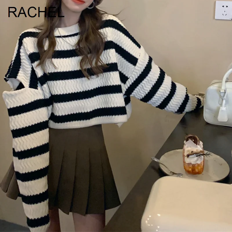 Женский свободный пуловер с отверстиями красный свитер в полоску контрастной