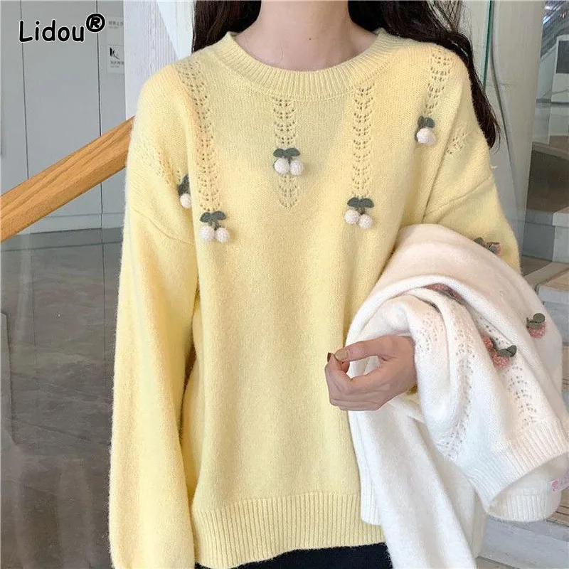

Fairycore O-Neck Appliques Long Sleeve Women's Clothing Fruit Three Dimensional Decoration Loose Thick Pullovers Autumn Winter