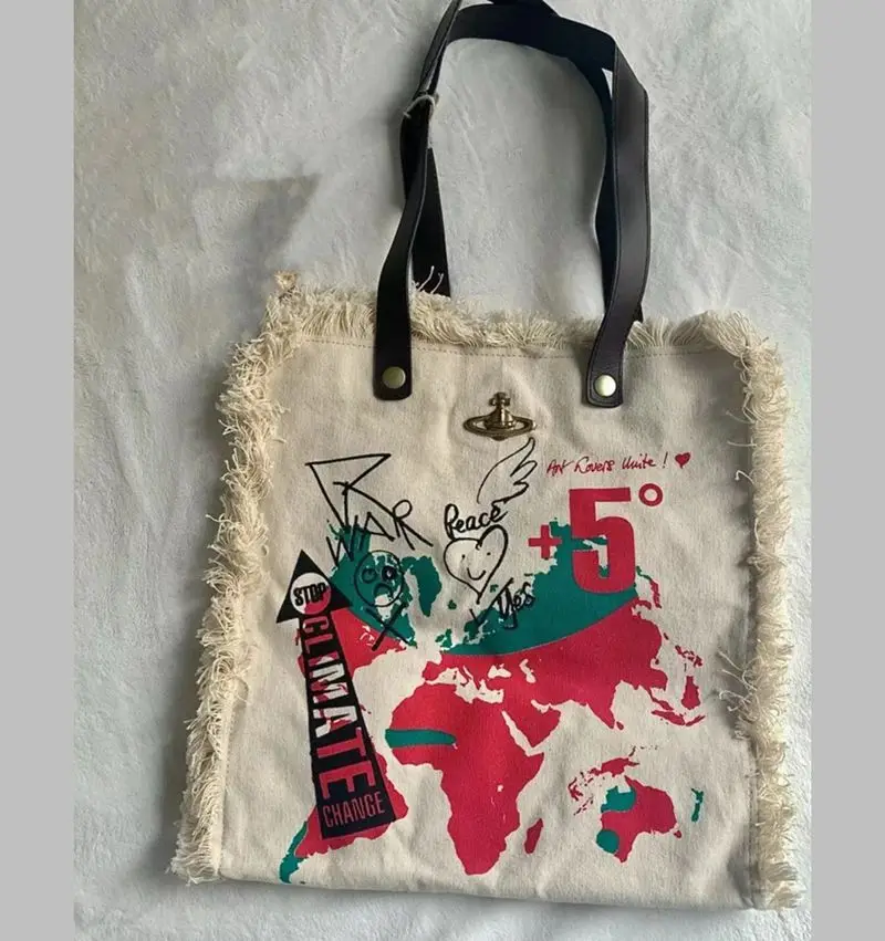 

Map canvas bag Africa series graffiti tote bag raw edge gold Saturn shoulder portable