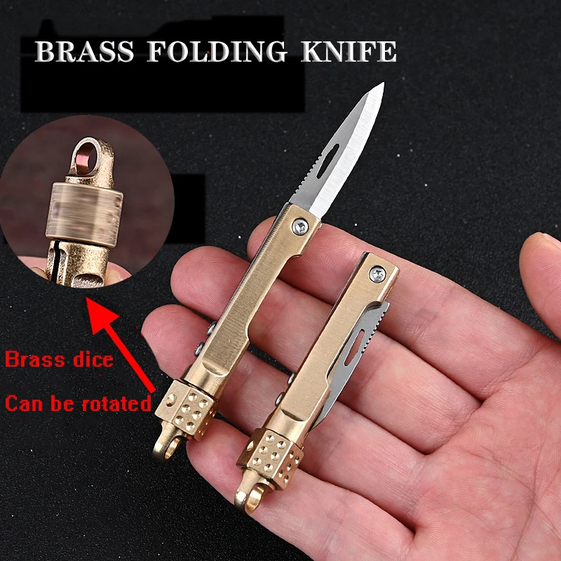 Brass Dice Gyro Folding Knife Mini Unboxing Portable Knife Keychain Hanging Outdoor Camping EDC Knife