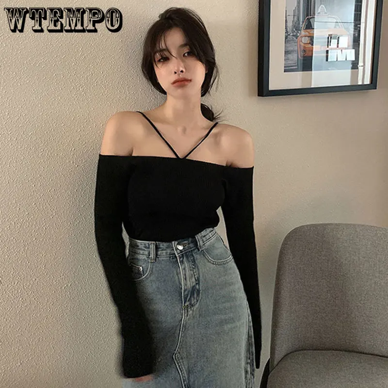 

Knitted Sweater Sexy Off Shoulder Long Sleeve Bottoming Shirt Halter Neck Blackless Top Spring Summer Sexy Women Crop Sweaters