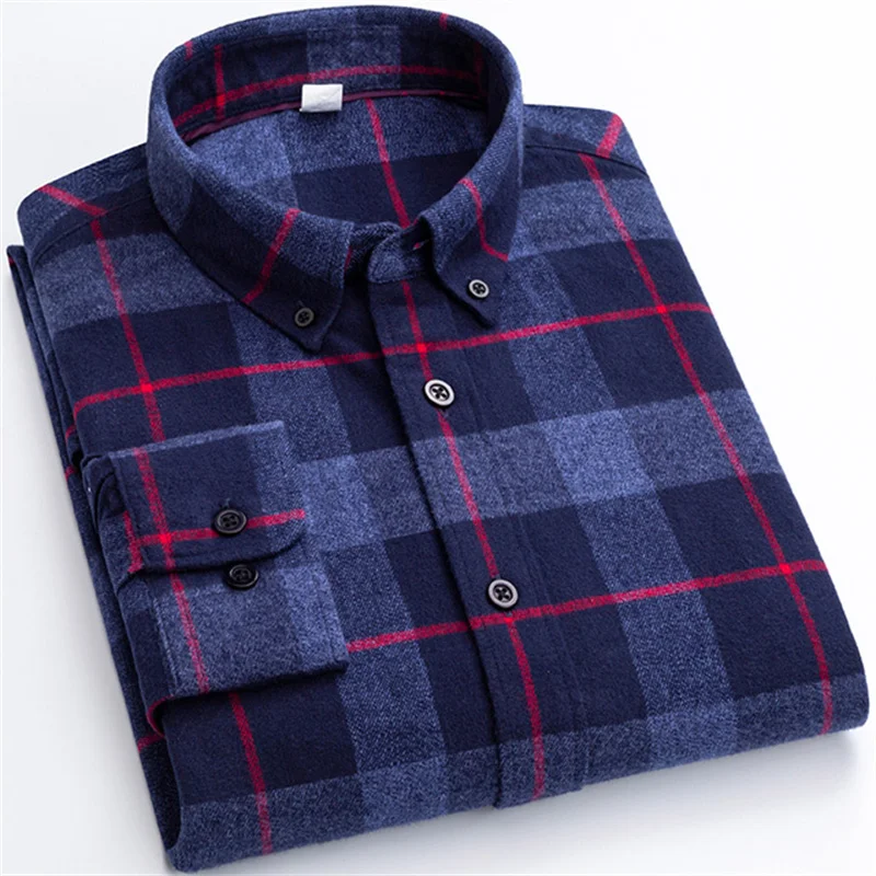 Men's Brushed Flannel Plaid Shirt Casual Long Sleeve Standard Fit Thick Button Fashion Shirt 2022 New