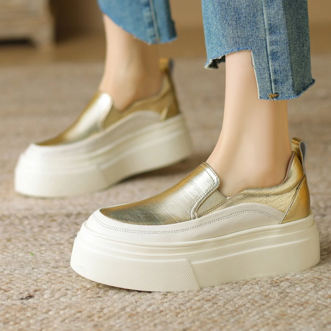 Мокасины женские из натуральной кожи толстая подошва платформа плоская круглый