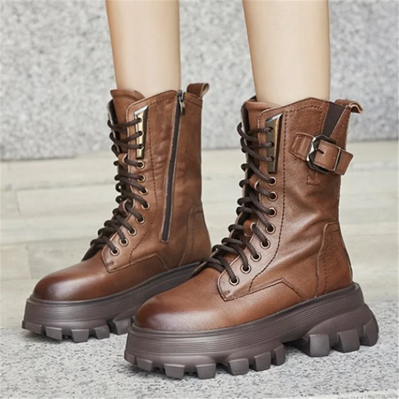 

Женские кожаные ботильоны на толстой подошве, черные или коричневые ботинки на шнуровке, повседневная обувь на платформе в британском стил...