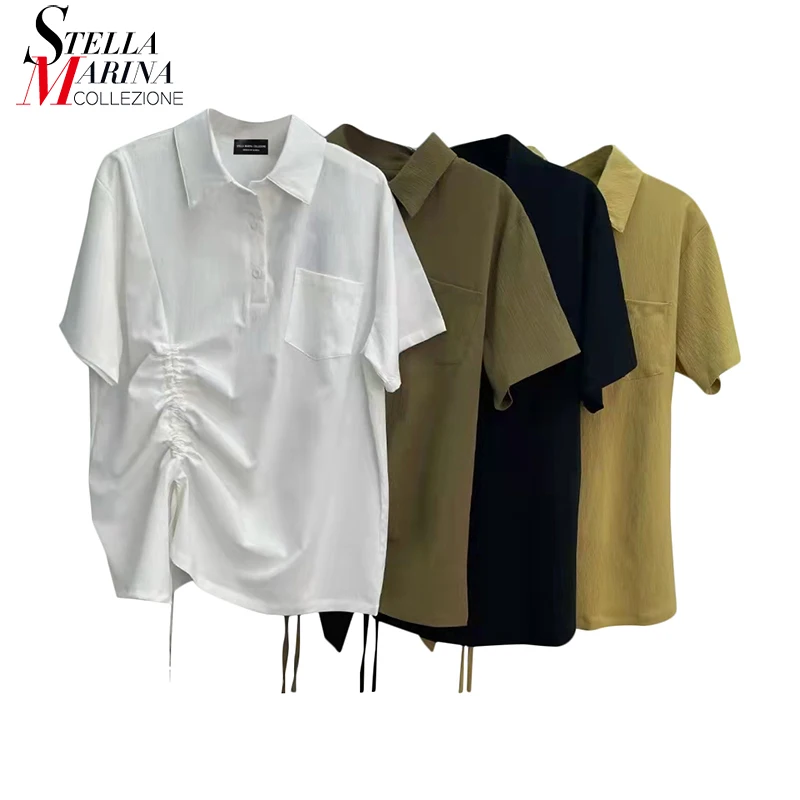 

New 2022 Summer Solid White Green Short-Sleeve Top Big Size Loose Fit Blouses Draped Design Girls Oversized Shirt Blusas YA014