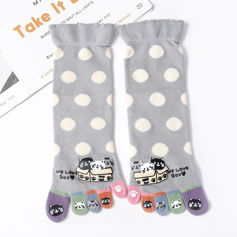 Separate Fingers Socks For Women Cute Things Cats New Autumn Winter Wide Loose Medium Tube Socks Dots Printed