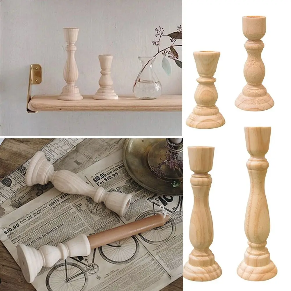 Chunky Rustic Shabby Chic Carved Pillar Church Wooden Candlesticks Stand Wedding Decoration