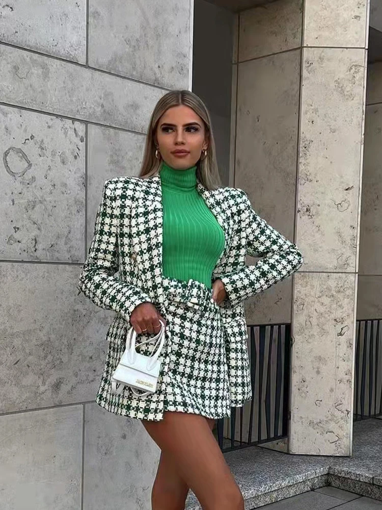 

ZACK RAIN Women Green Plaid Blazer Skirt Suit 2022 Spring-Autumn Retro Official Ladies Woolen Suit Jacket Loose Female Chic Sets