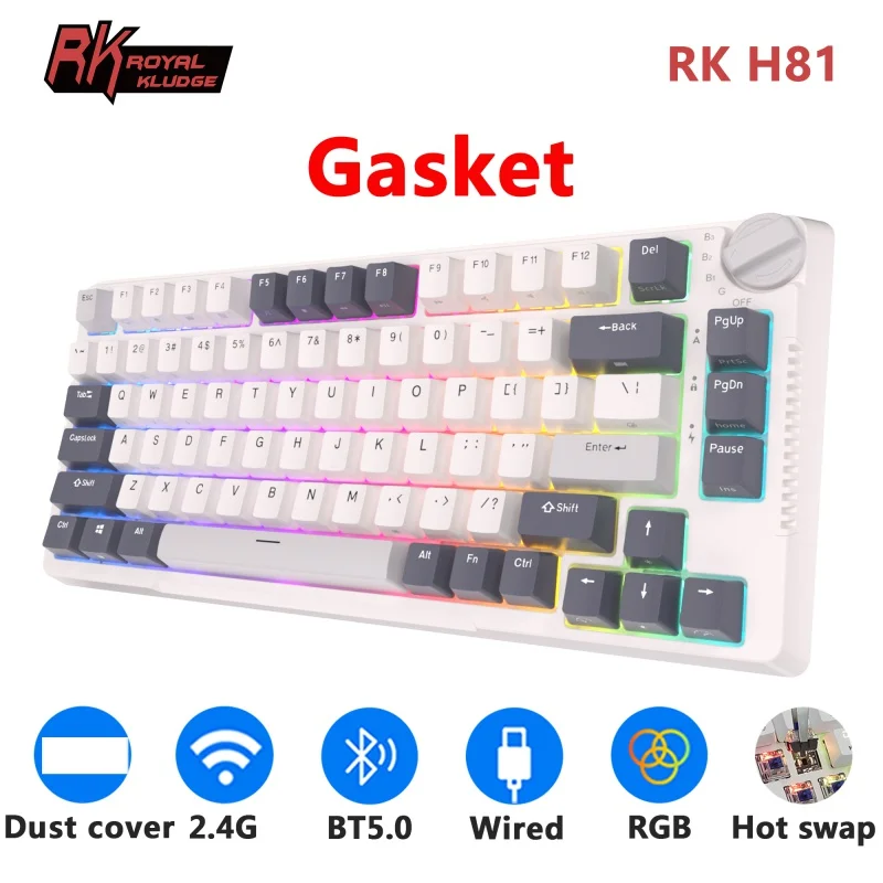 

RK H81 Royal Kludge прокладка структура трехрежимная механическая клавиатура 81 клавиша 80% RGB подсветка 2,4G Беспроводная синяя. Игровая клавиатура