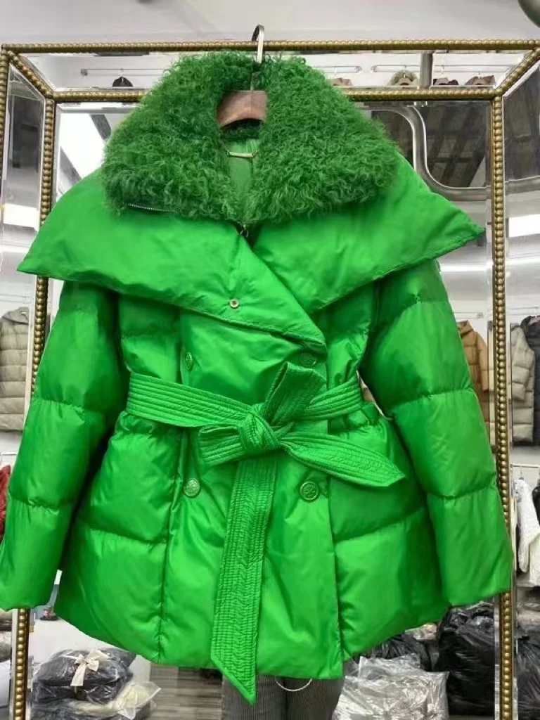 

Новинка, женский пуховик HENNLIPU с поясом, шерстяной съемный Модный Топ зеленого цвета, высокое качество