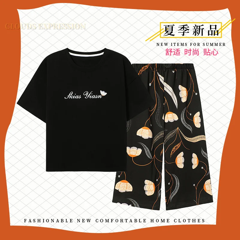 Summer  Elegant Women Floral Pajama Sets Short Sets Capris Knitted Cotton Sexy Black Sleepwear FemalePajamas Lounge Pijama Mujer