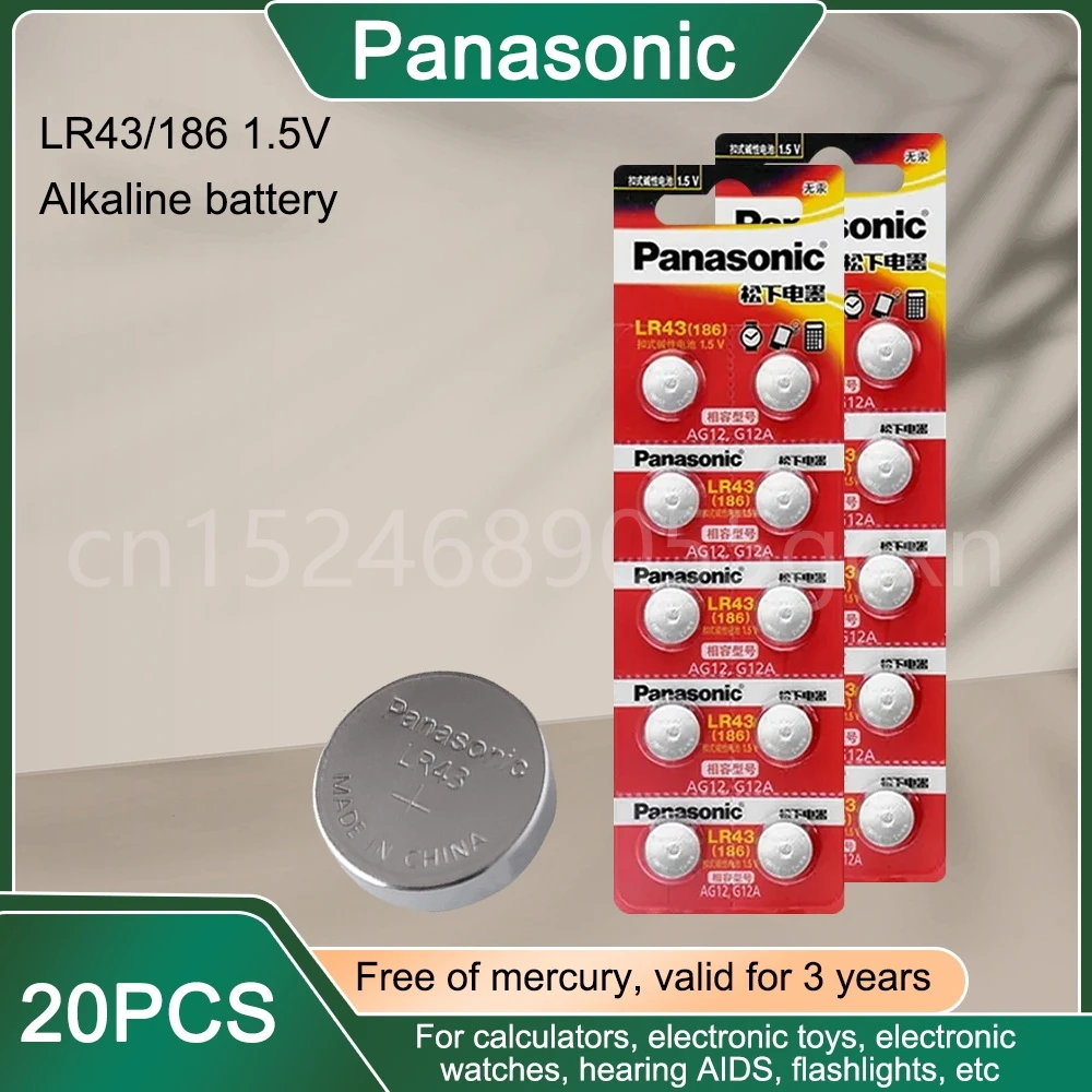 20 шт., щелочные батареи Panasonic AG12 LR43 SR43 186 386 1,5 В для часов, часов, автомобильных ключей, светодиодных ламп