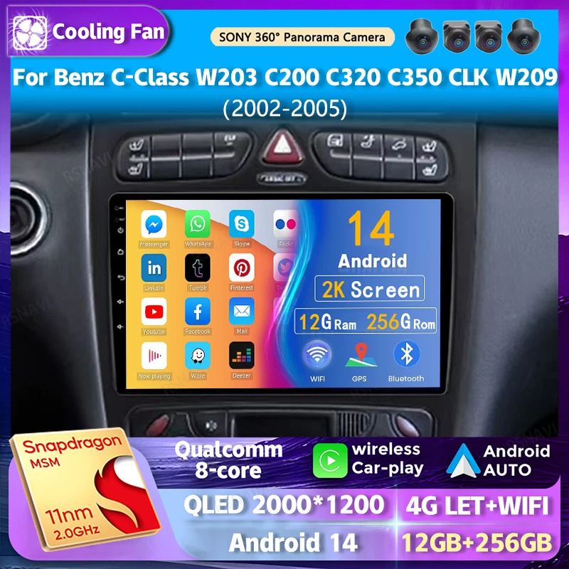 Android 14 Wi-Fi + 4G Carplay Автомобильный радиоприемник для Mercedes Benz C-Class W203 C200 C320 C350 CLK W209