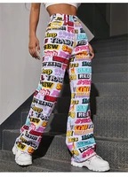 street graffiti print letters personality all match jeans womens straight trousers womens hot pants