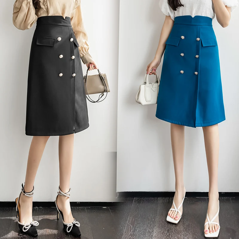 

Chiffon A-line High Waist Women's Knee-Length Skirt New Korean Fashion Solid Color Summer Button Female Clothes