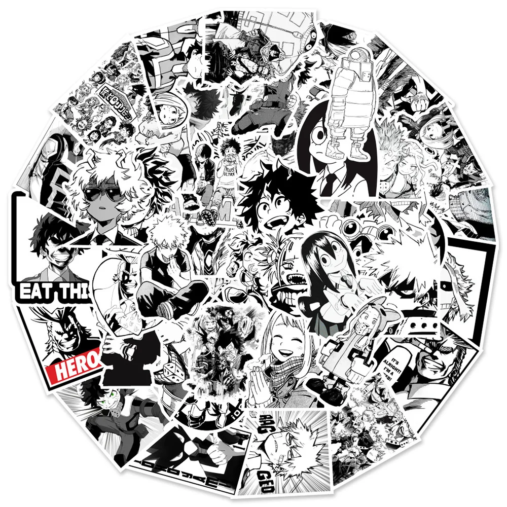 

10/30/50PCS Anime Black and White My Hero Academia Character Stickers Luggage Laptop IPad Gift Journal Guitar Sticker Wholesale