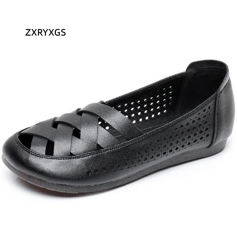 

ZXRYXGS Summer Genuine Leather Hollow Sandals for Women Soft Sole Comfortable Sandals 2022 Large Size Flat Sandals Casual Shoes