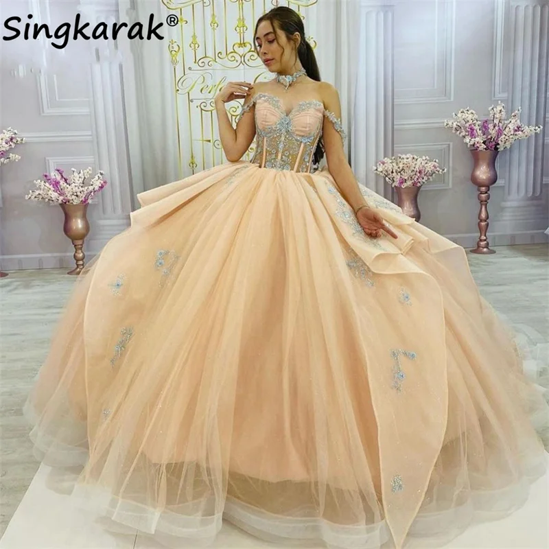 

Новое поступление 2023, платья принцессы для Quinceanera с открытыми плечами, бусинами, цветочной аппликацией, жемчужинами, милое платье 16, бальное ...