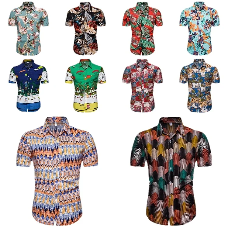 Y2k Stand Collar, Casual Summer New Men's Short-sleeved Shirt Beach Floral Shirt, Hawaiian Style Inch Men Clothing  White Shirt