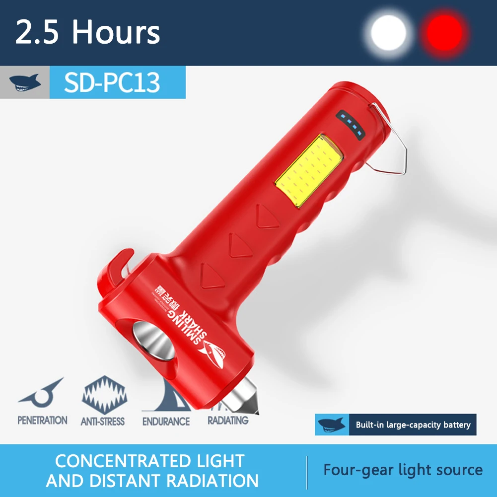 

New USB Rechargeable LED Flashlight Multi-function Emergency Torch Safety Hammer Mobile Power Compass for Outdoor Activities