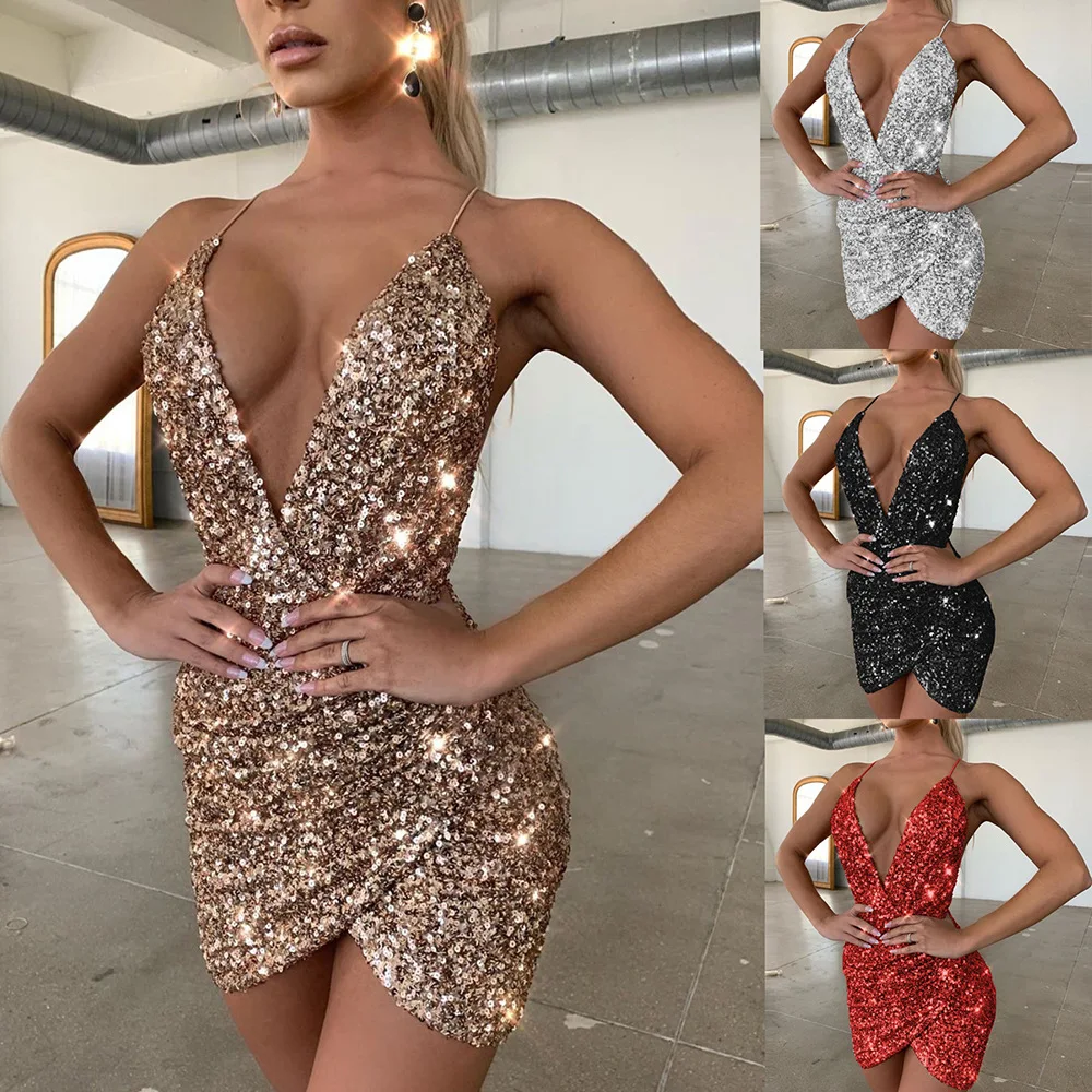 

European and American women's sexy skirt sequined V-neck dress trend