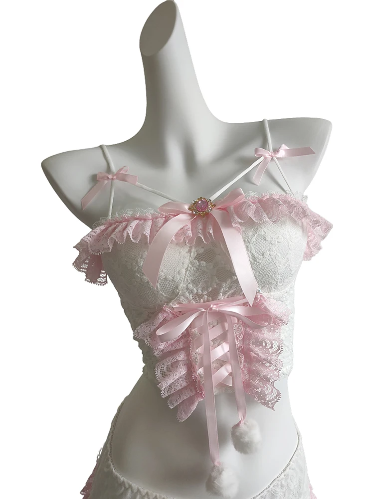 Кроп-Топ женский с бантом милый приталенный розовый кружевной топ украшением в
