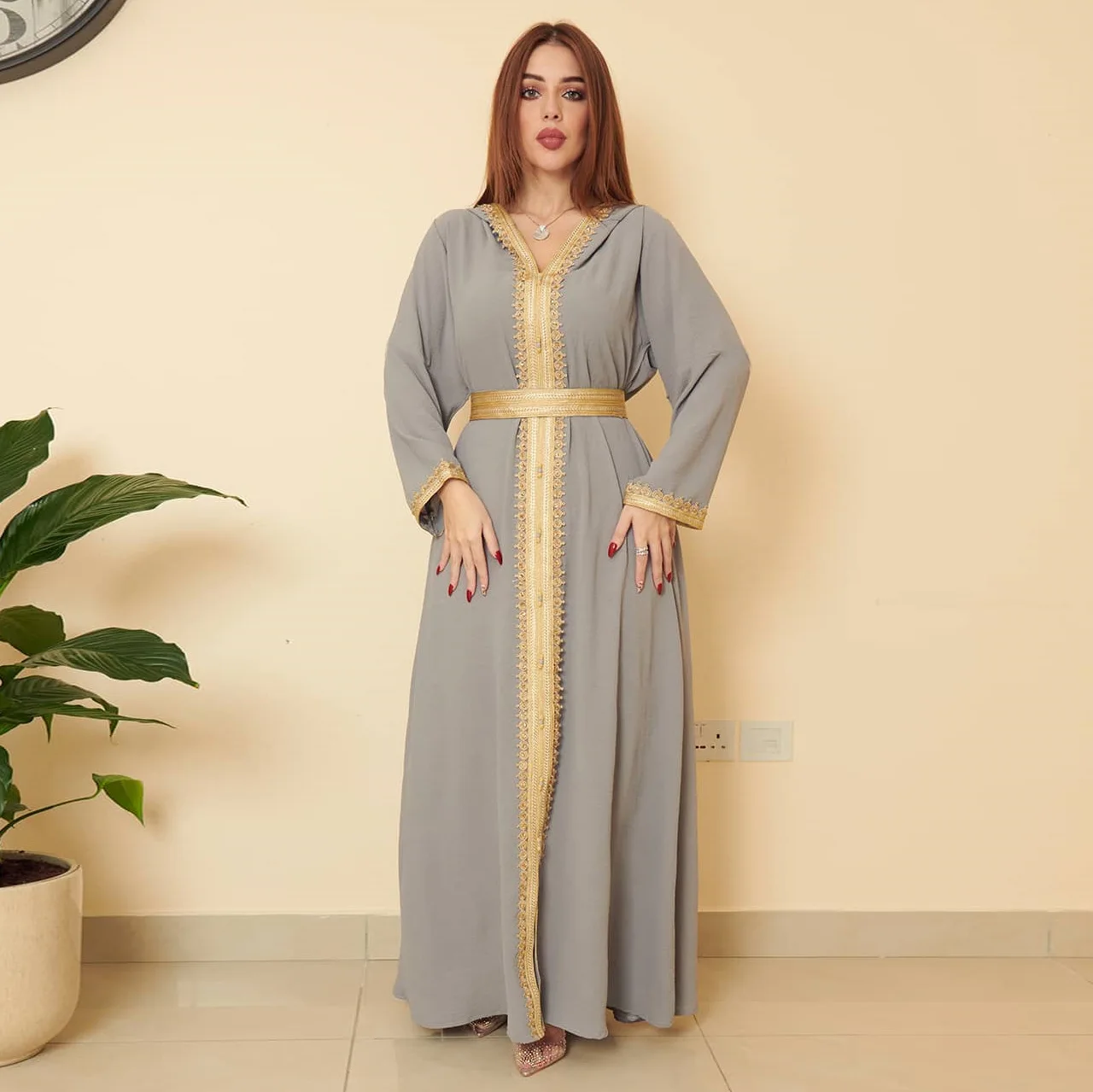 Women's Hooded Robe Linen Gold Lace Embroidery Muslim 2023 New Women's Abaya Dress Large Swing Clothes for Muslim Women
