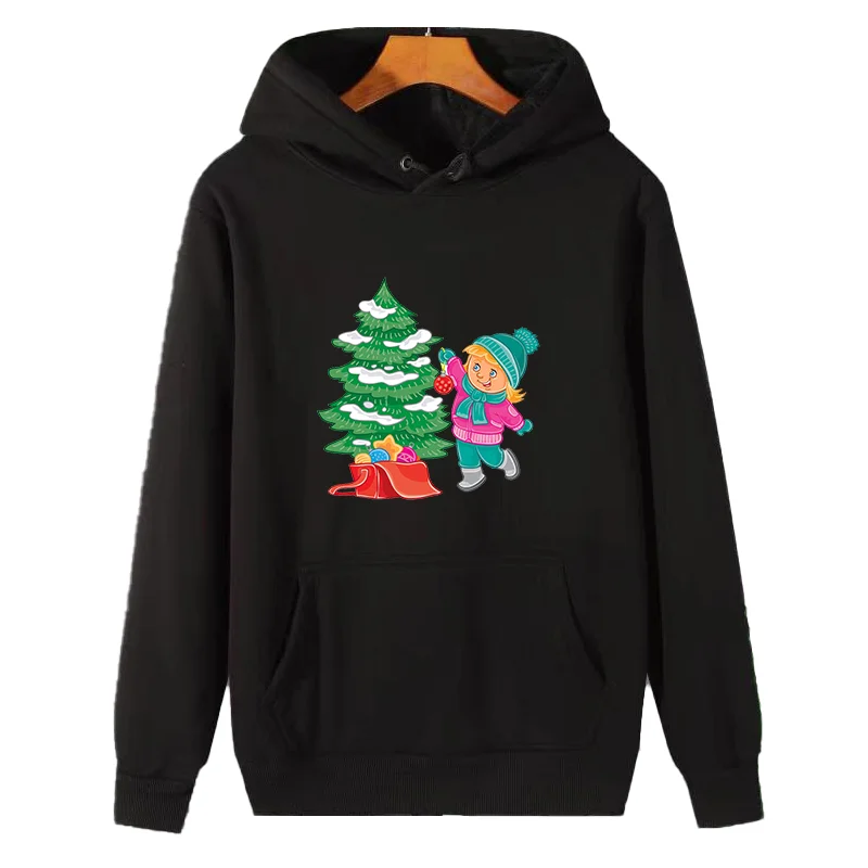 Small Girl Decorating the Christmas Tree graphic sweatshirts thick sweater hoodie winter fleece hoodie Women's Christmas sweater