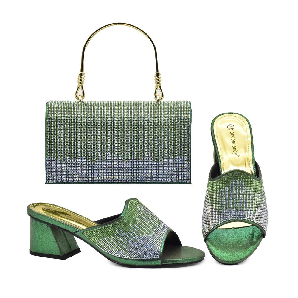 

Новое поступление, зеленый цвет, Женская итальянская модель, украшенная искусственной нигерийской обувью и подходящими сумками