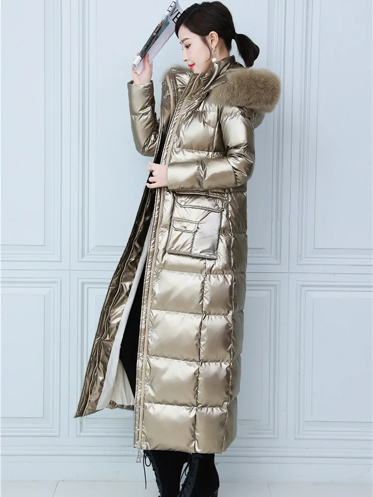 New Women Washfree Glossy Surface Down Coat Lengthened Fashion Detachable Real Fox Fur Collar Thicken Warm Slim Long Down Jacket